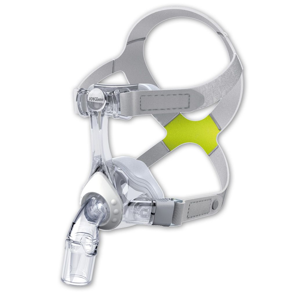 Transparente Vollgesichtsmaske mit grauem Kopfband und gelben Akzenten.