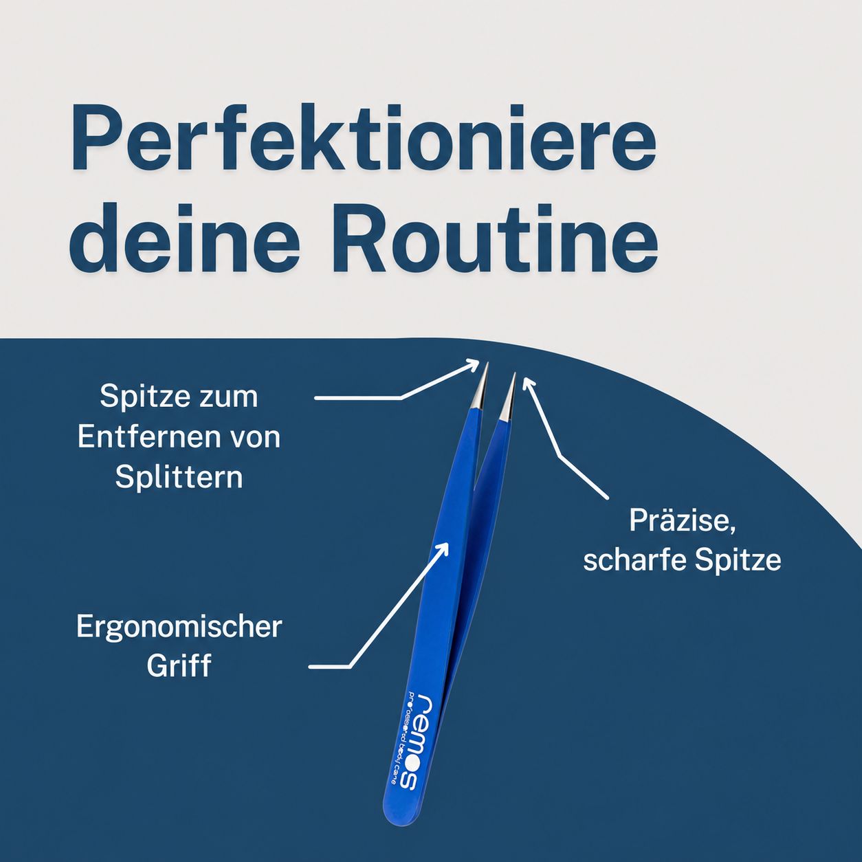 Blaue REMOS Pinzette mit ergonomischem Griff und präziser Spitze zum Entfernen von Splittern.