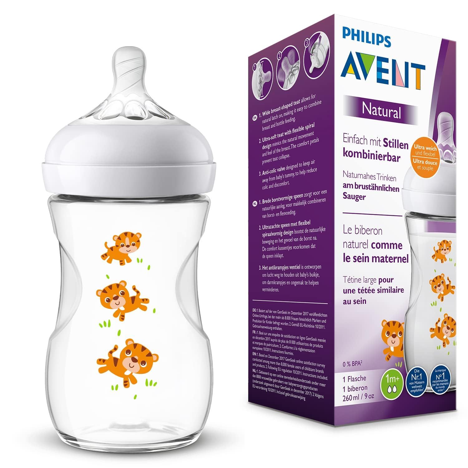 Babyflasche mit Tigermuster und Verpackung. Aufschrift Philips Avent Natural. Flasche mit Sauger und Deckel.