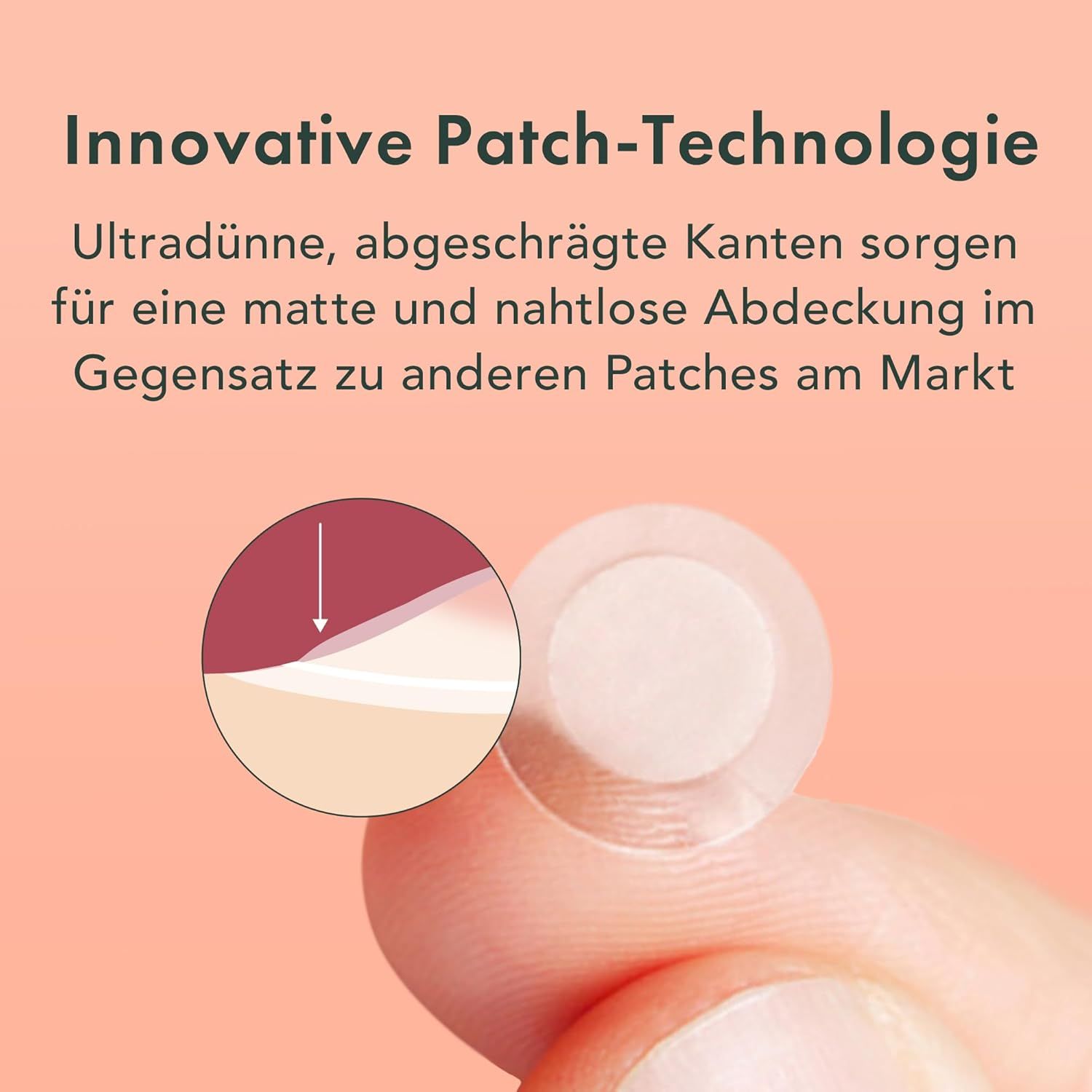 Nahaufnahme eines transparenten Pflasters. Abgeschrägte Kanten. Text: Innovative Patch-Technologie. Abbildung: Hautausschnitt.