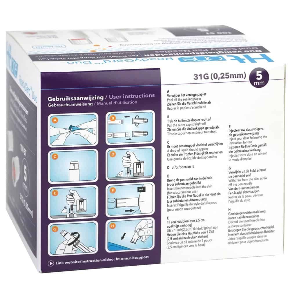 Verpackung von HT One ReadyGard Duo Sicherheitsnadeln mit Gebrauchsanweisungen und Abbildungen zur Anwendung.