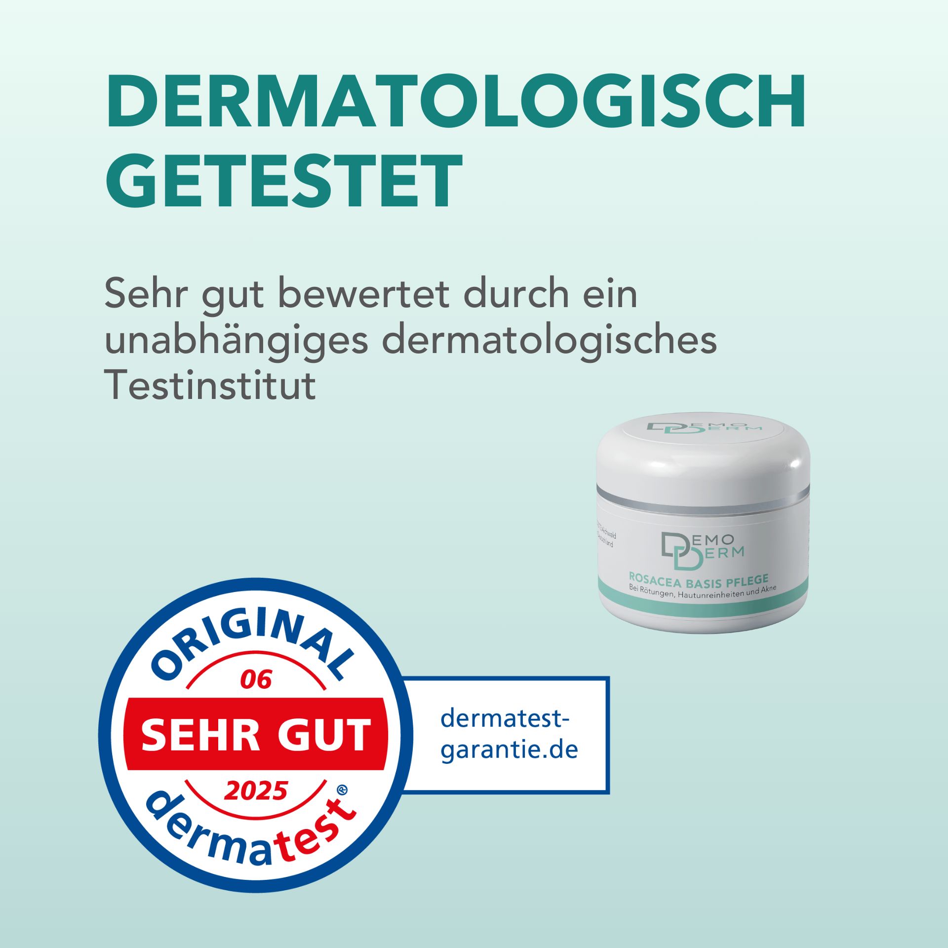 Creme-Dose mit Aufschrift. Dermatologisch getestet. Siegel: Original Sehr Gut 2025 dermatest.