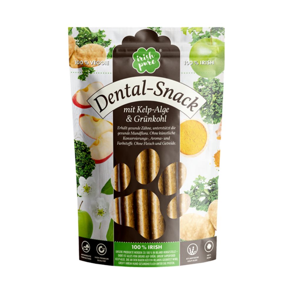 Verpackung von Irish Pure Dental-Snack mit Kelp-Alge & Grünkohl.