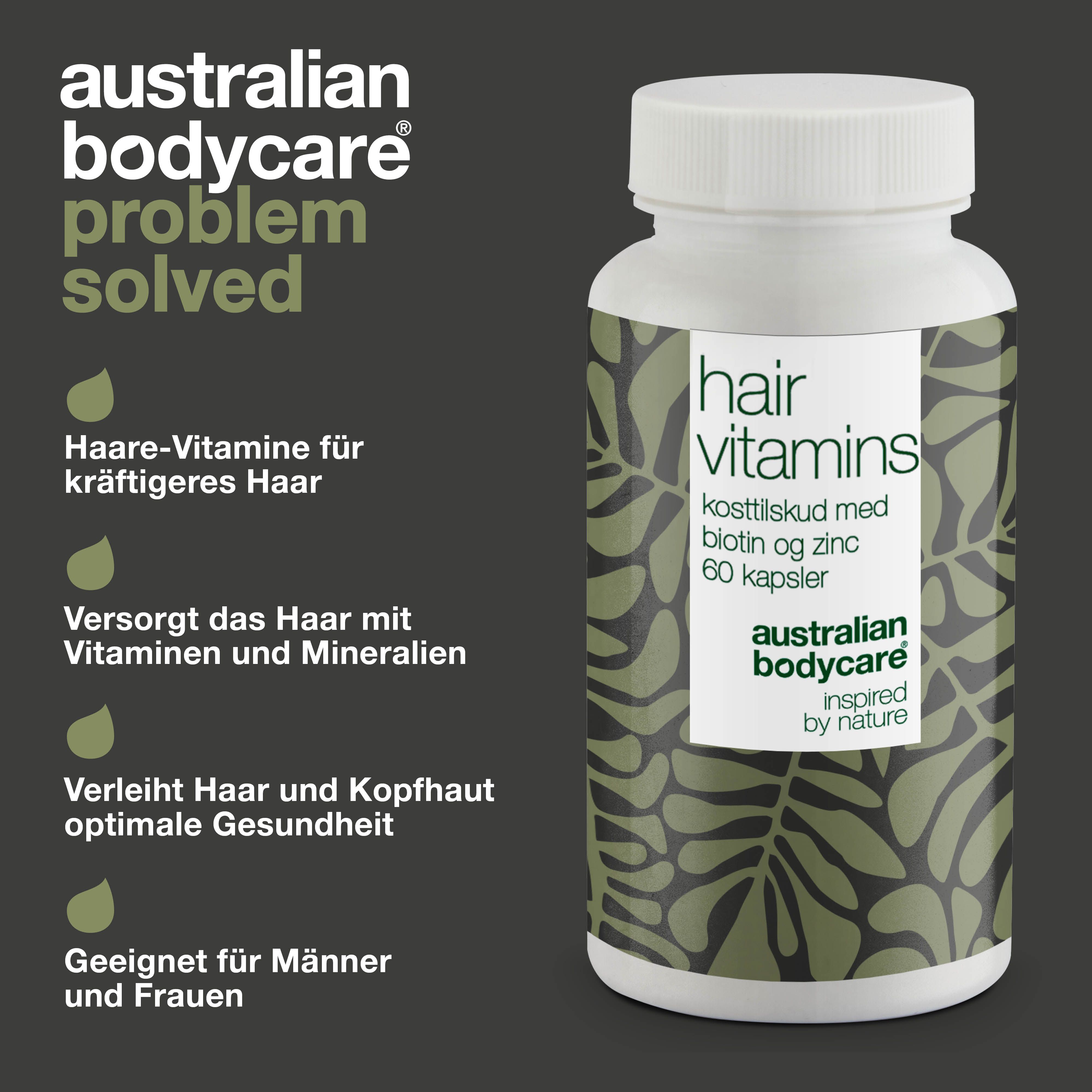 Produkt mit Text. Aufschrift: Hair Vitamins. Australian Bodycare. Grüner Hintergrund.