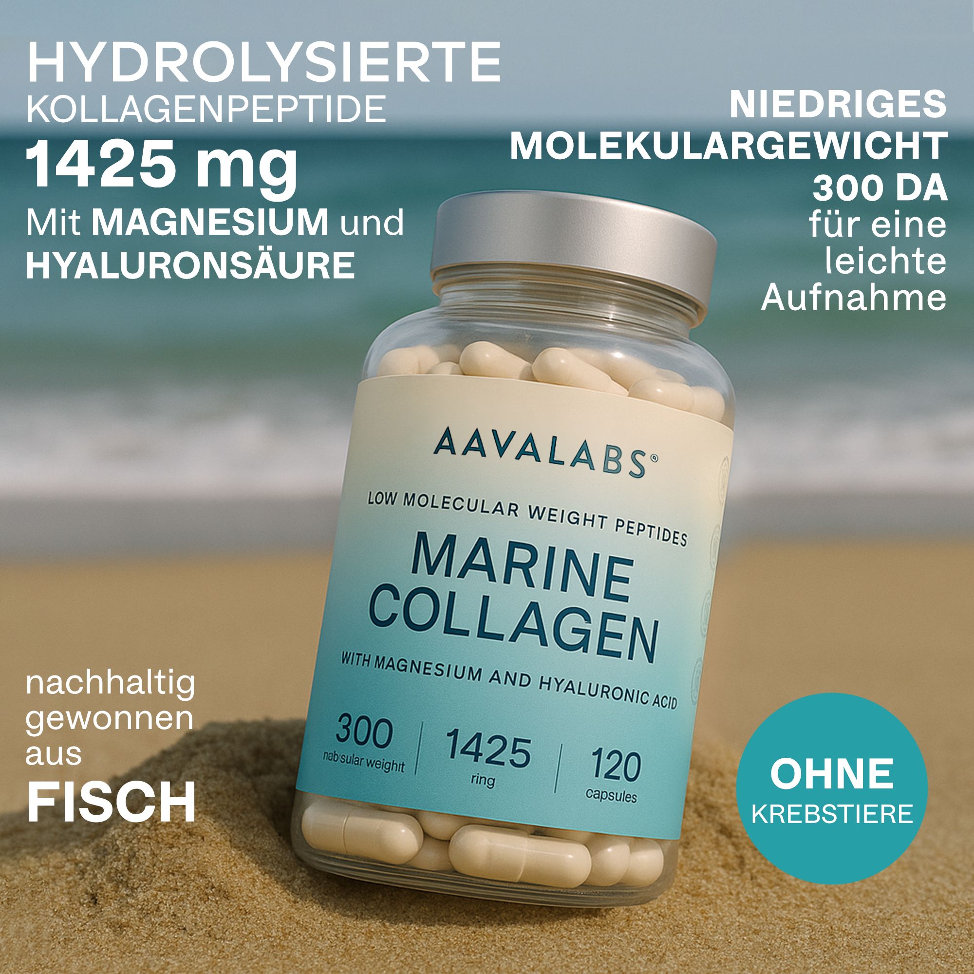 Produktflasche mit Kapseln am Strand. Aufschrift: AAVALABS, Marine Collagen, 120 Kapseln. Enthält Magnesium und Hyaluronsäure.