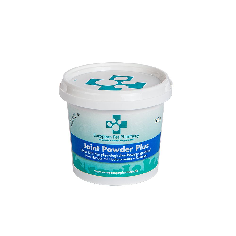 Weißer Behälter mit blauem Etikett. Aufschrift: Joint Powder Plus. Logo: Europäische Tierapotheke.