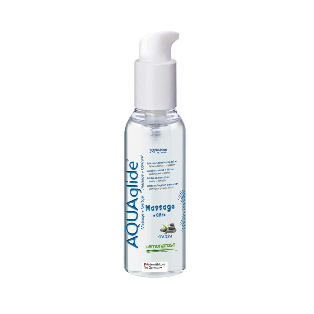 Klare Flasche mit weißem Pumpkopf. Aufschrift AQUAglide, Massage + Glide, Lemongrass. Hergestellt in Deutschland.