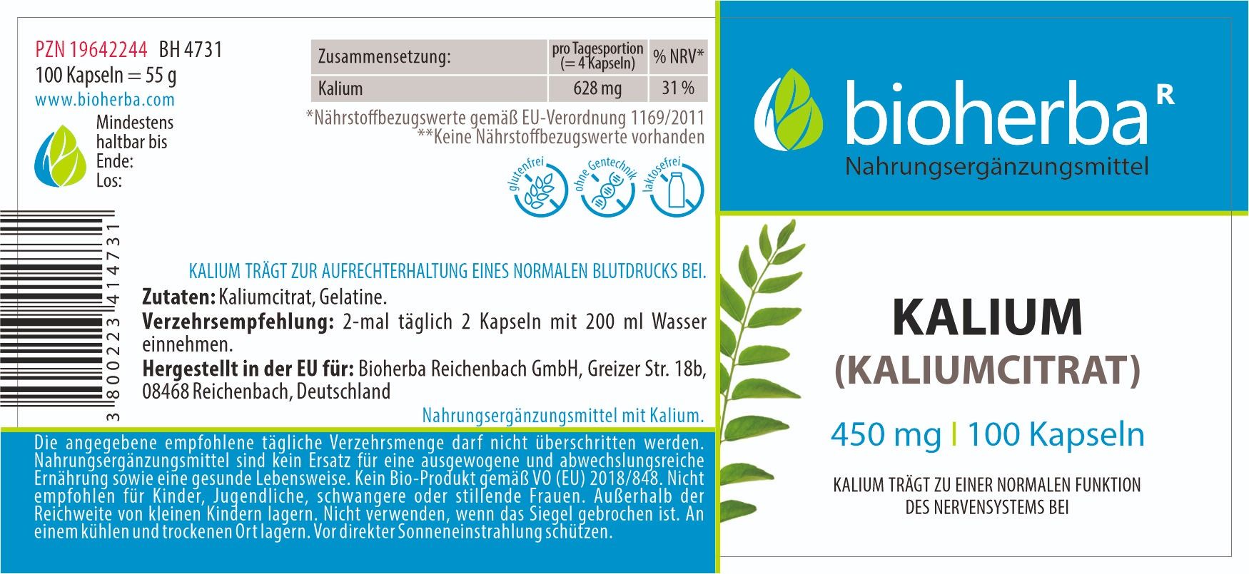 Etikett mit "bioherba" Logo und "Kalium (Kaliumcitrat) 450 mg | 100 Kapseln". Enthält Informationen zu Inhaltsstoffen und Dosierung.