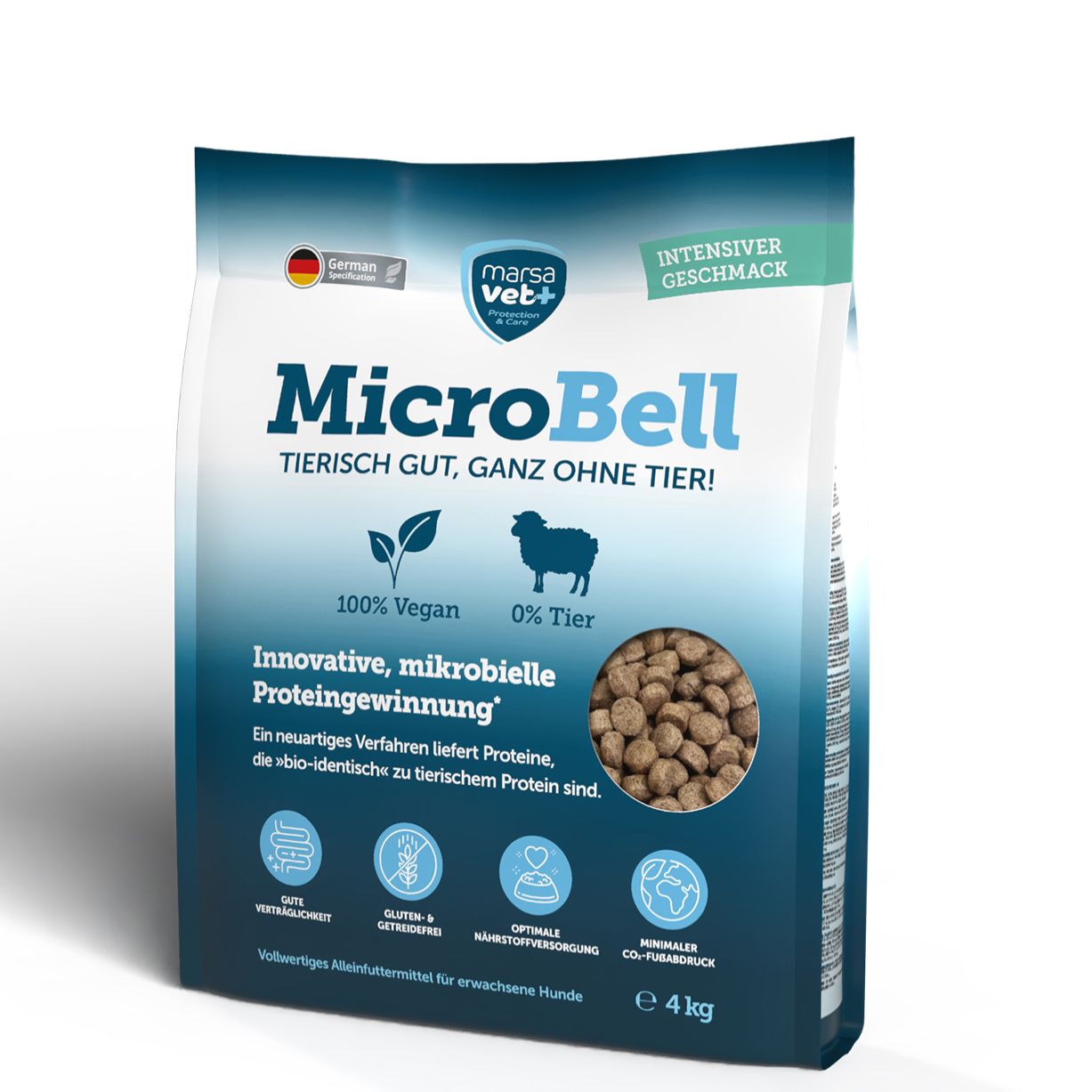 Marsavet MicroBell Hundefutter-Beutel. Aufdrucke: 100% Vegan, 0% Tier. Mit mikrobiellem Protein. 4 kg Packung. Intensiver Geschmack.