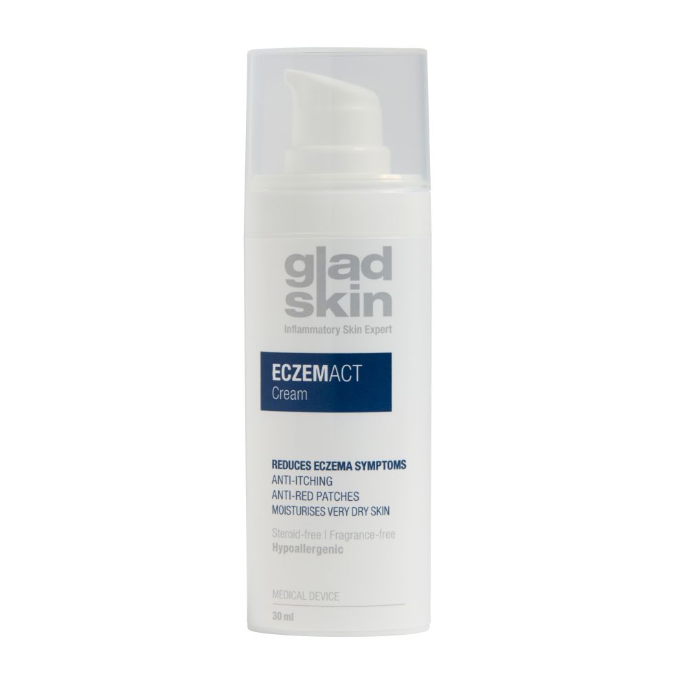 Creme-Tube mit Pumpverschluss. Beschriftung: Gladskin Eczemact Cream. Reduziert Ekzemsymptome, lindert Rötungen, befeuchtet trockene Haut.
