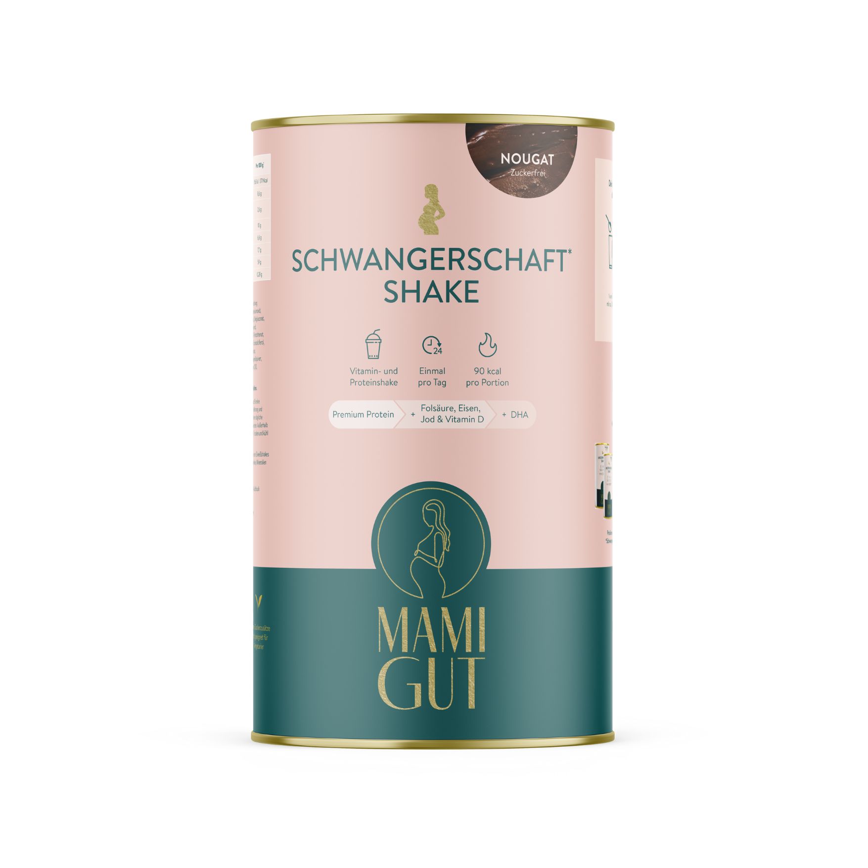 MamiGut Schwangerschaft Shake Dose. Rosa-goldene Dose mit Produktinformationen. Text: 'Schwangerschaft Shake'. Grüne und goldene Akzente.