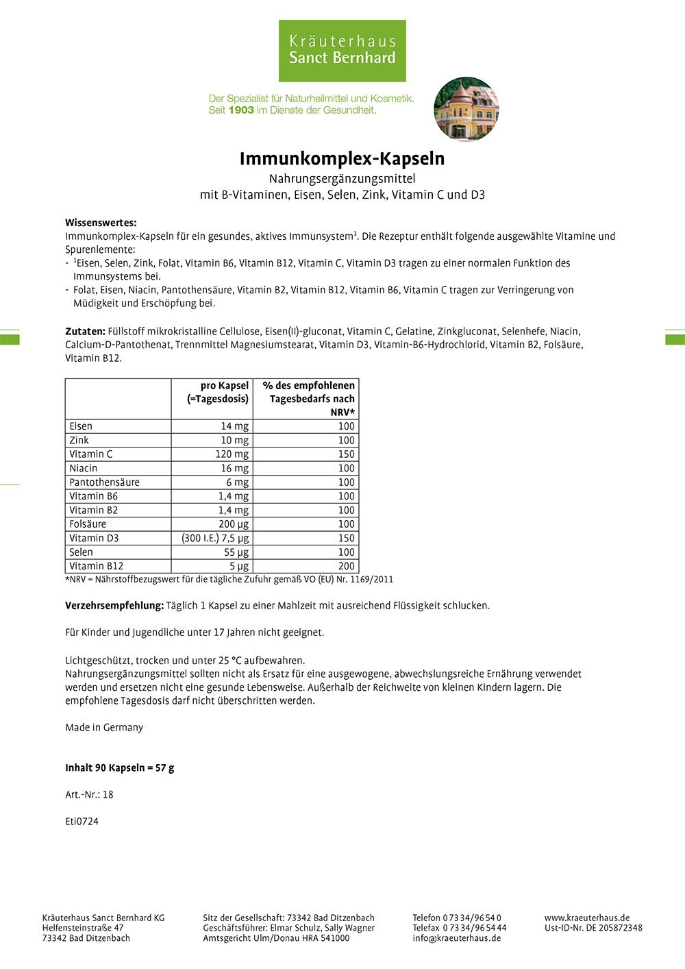 Produktinformationen zu Immunkomplex-Kapseln. Enthält B-Vitamine, Eisen, Selen, Zink, Vitamin C und D3. Inhaltsstoffe und Nährwerte.