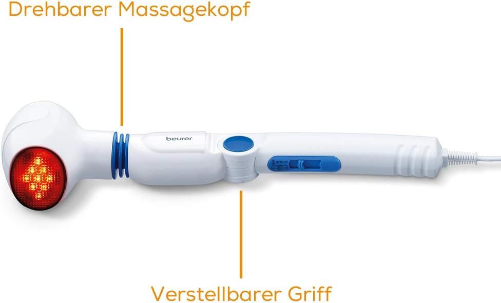 Weißes Massagegerät mit drehbarem Kopf und verstellbarem Griff. Roter Infrarot-Massagekopf. Marke: Beurer.