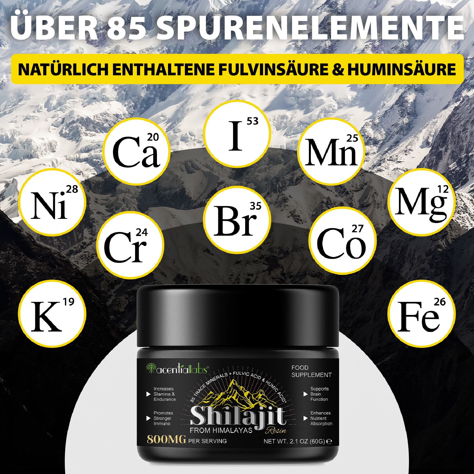 Glas mit Shilajit. Text: Über 85 Spurenelemente. Natürliche Fulvinsäure & Huminsäure. acentialabs.
