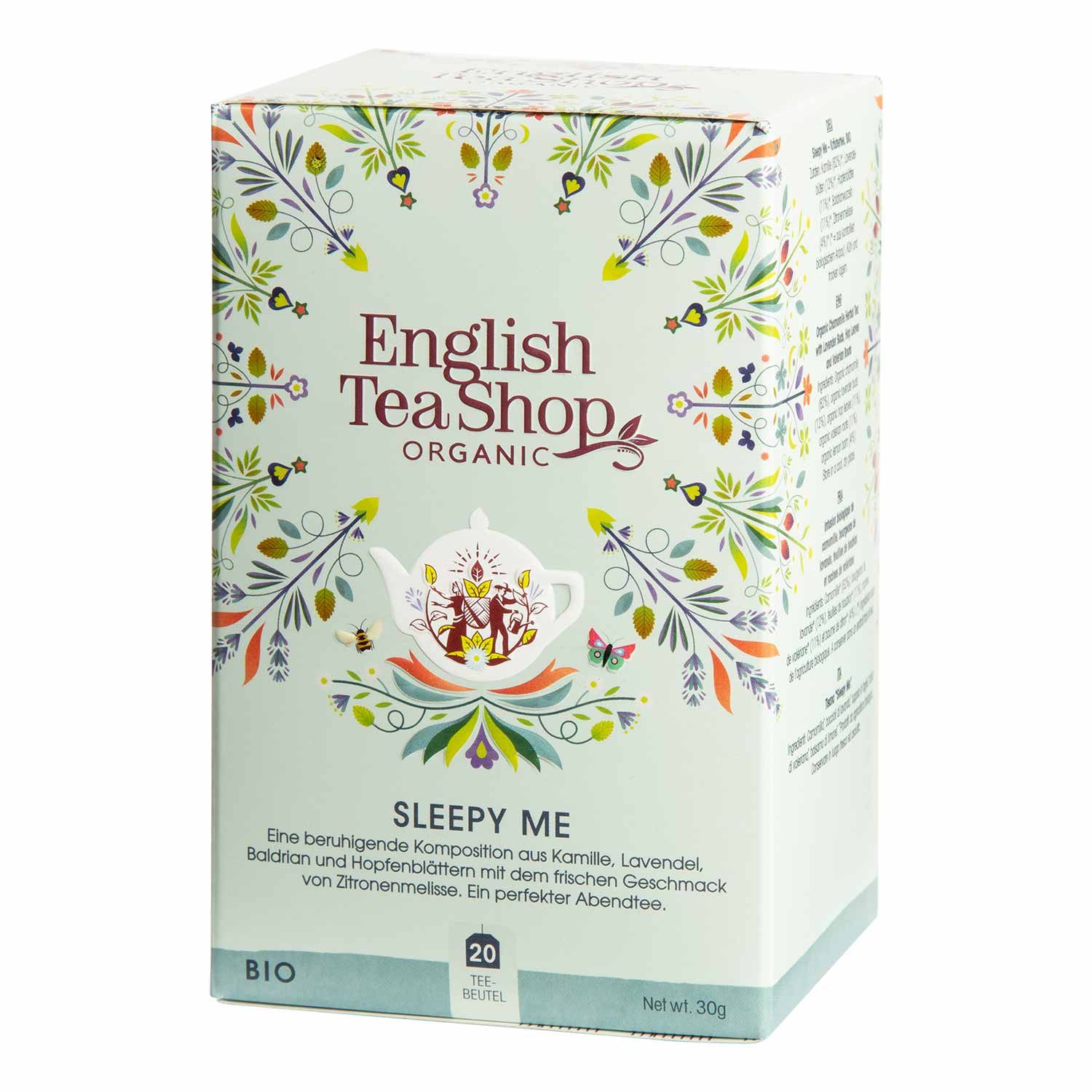 Karton mit Aufdruck. Text: English Tea Shop Organic, Sleepy Me, 20 Teebeutel, Bio. Abbildung einer Teekanne.
