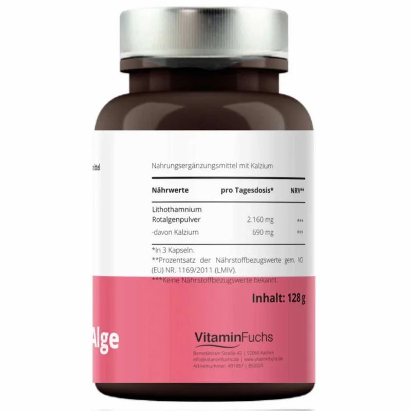 Rückseite einer braunen Flasche mit Kapseln. Text: Nährwerte, Inhalt 128g, VitaminFuchs Logo.