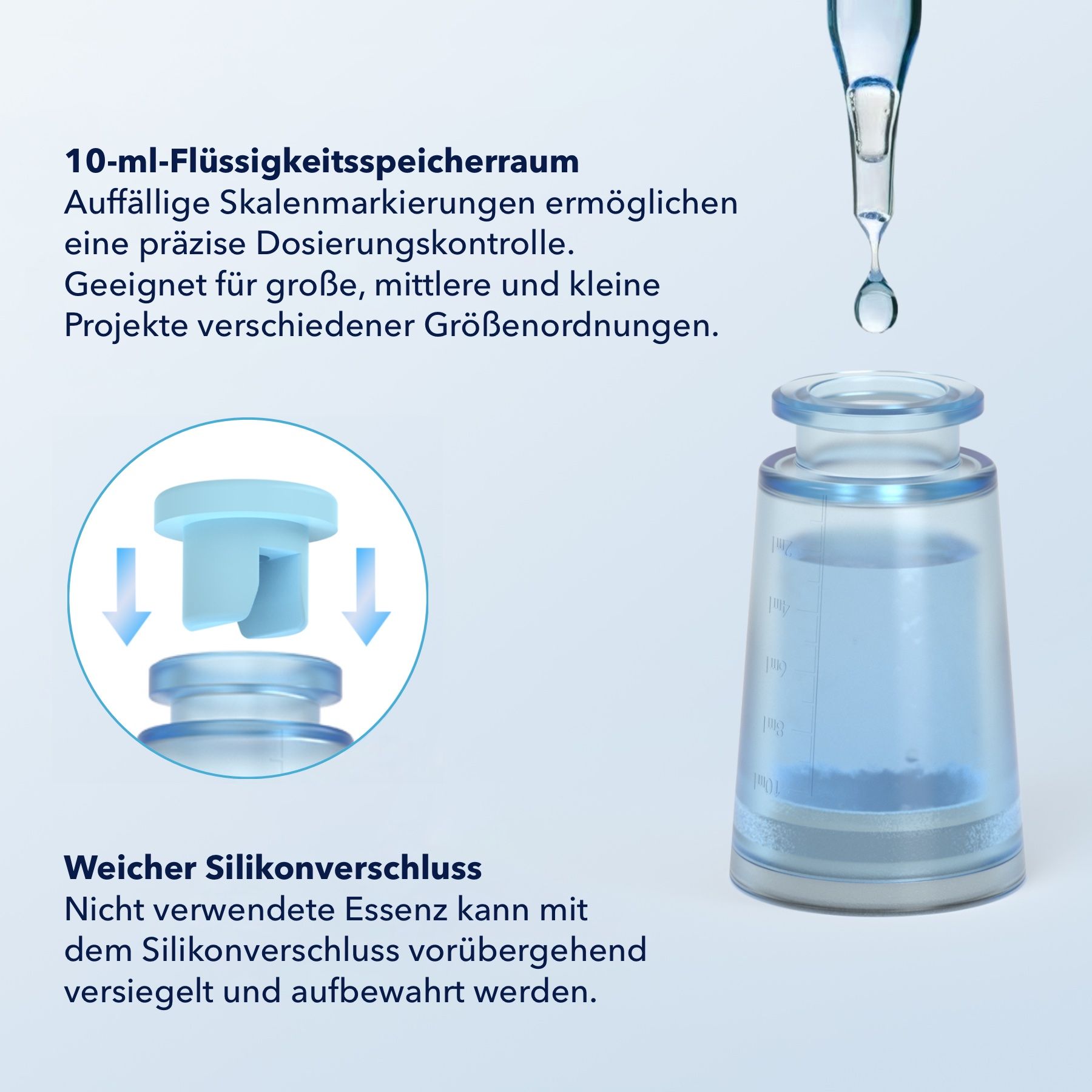 Derma Stamp mit Flasche. 10 ml Flüssigkeitsspeicher. Skalenmarkierungen für Dosierungskontrolle. Weicher Silikonverschluss. Blaue Pfeile.
