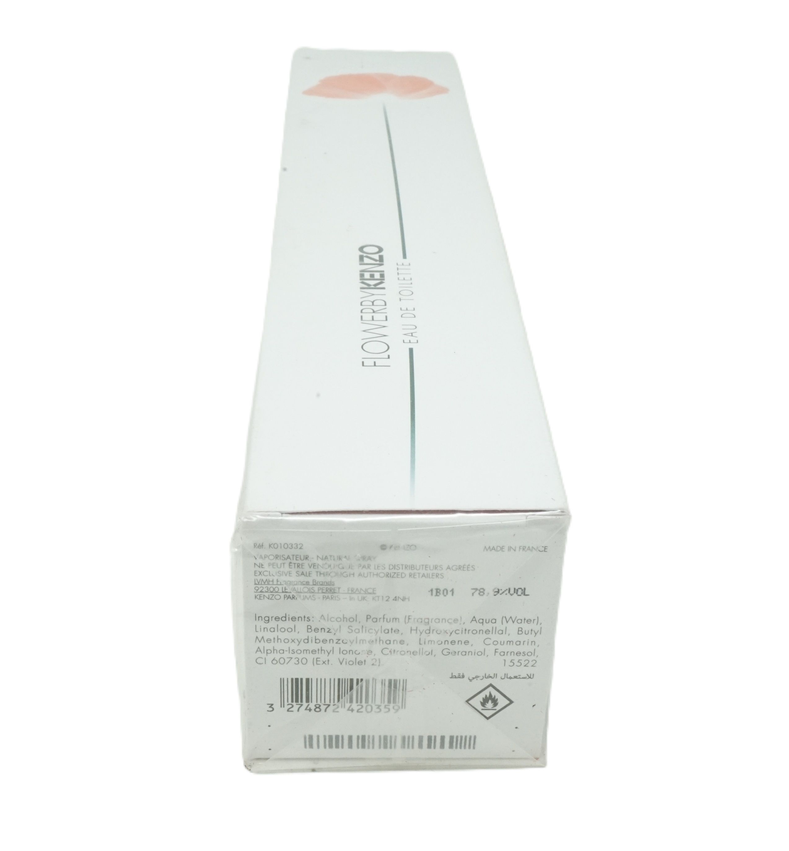 Kenzo Flower Eau de Toilette-Verpackung. Text und Inhaltsstoffe auf der Unterseite. Weißer Hintergrund.