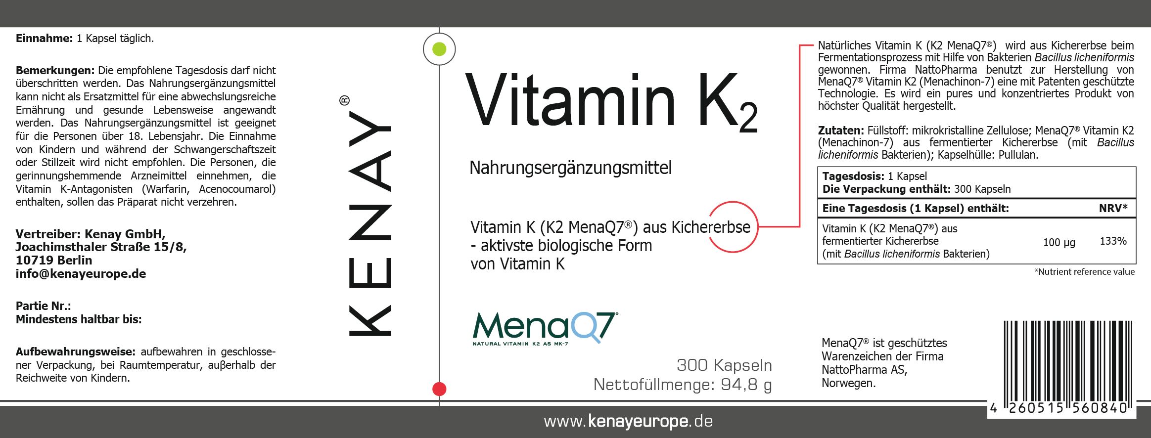 Weißes Etikett mit Text. Aufschrift: Vitamin K2, KENAY, MenaQ7. Enthält Informationen zu Inhaltsstoffen und Dosierung.