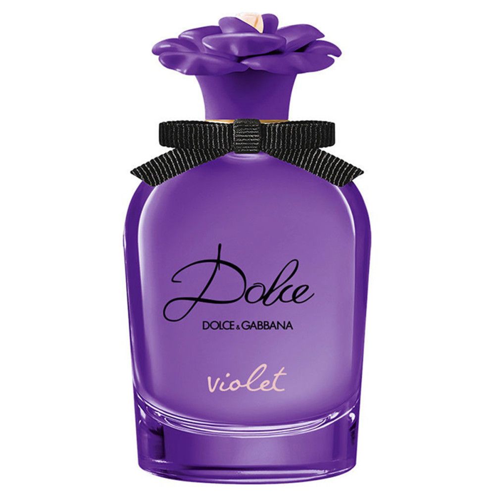 Violett-farbener Flakon mit schwarzer Schleife und Blütenverschluss. Schriftzug Dolce und violett.