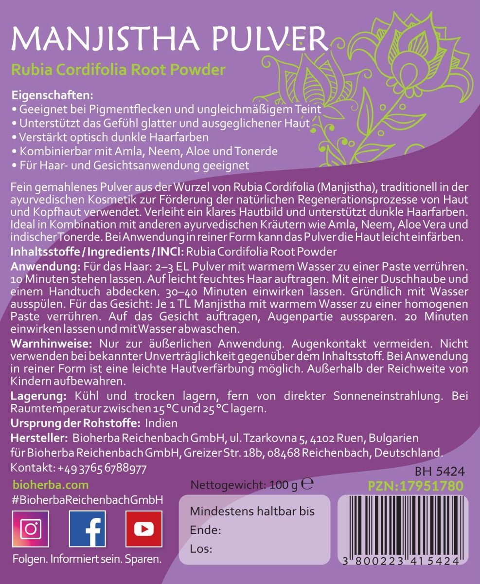 Rückseite eines lila Etiketts. Text in Deutsch. Enthält Informationen über das Produkt, Inhaltsstoffe, Anwendungshinweise und Hersteller. Mindestens haltbar bis.