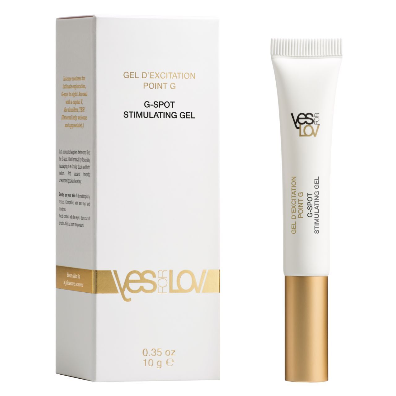 Weißes Gel in Tube und Schachtel. Goldfarbene Akzente. Aufschrift: G-Spot Stimulating Gel. Marke: YESforLOV.