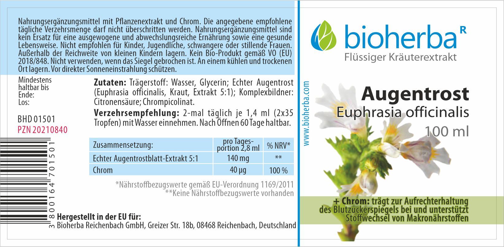 Flasche mit Etikett. Text: Augentrost, Euphrasia officinalis. Zutaten, Verzehrempfehlung, Nährwertangaben. Bioherba.