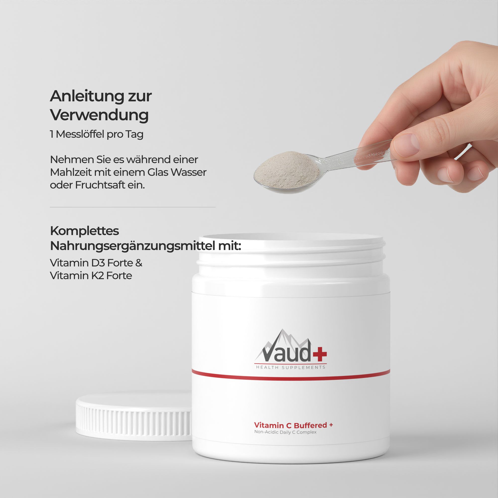 Weiße Dose mit Messlöffel. Text: Anleitung zur Verwendung. Nahrungsergänzungsmittel mit Vitamin D3 & K2 Forte.