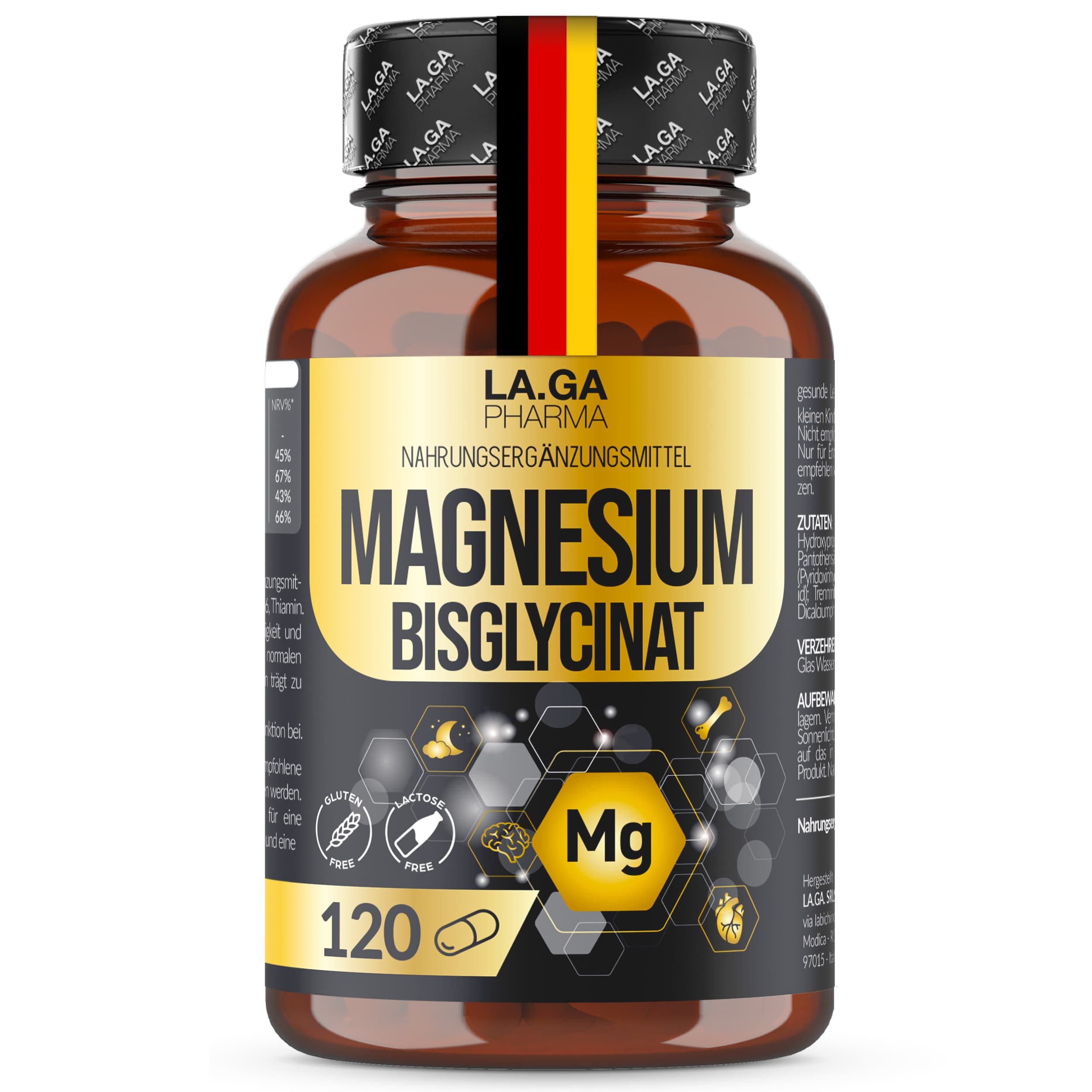 Braune Flasche mit Kapseln. Aufschrift: MAGNESIUM BISGLYCINAT. Enthält 120 Kapseln. Mit Logo und deutscher Flagge.
