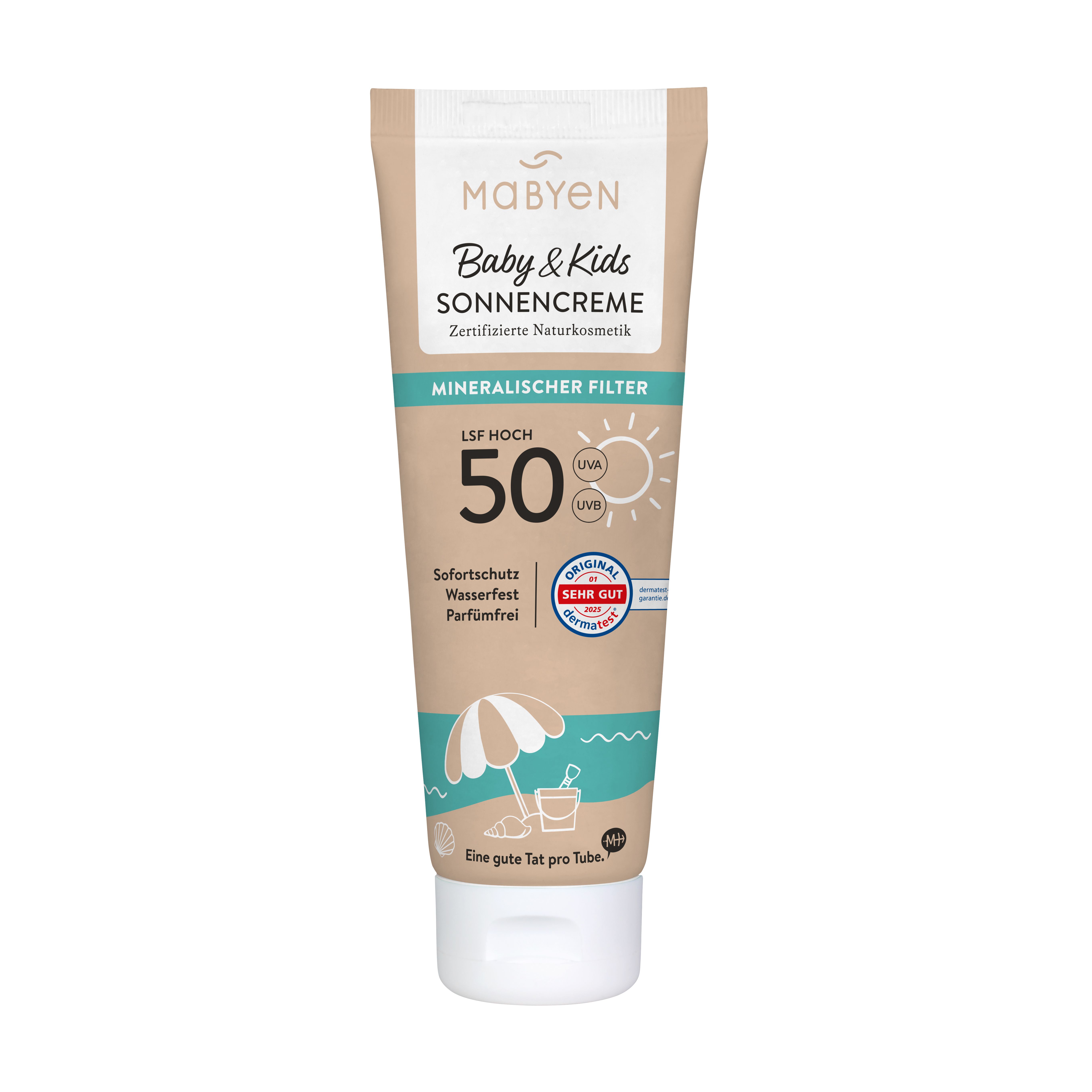 Sonnencreme-Tube. Marke: MABYEN Baby & Kids. LSF 50. Mineralischer Filter. Wasserfest. Strandmotiv. Weißer Deckel.