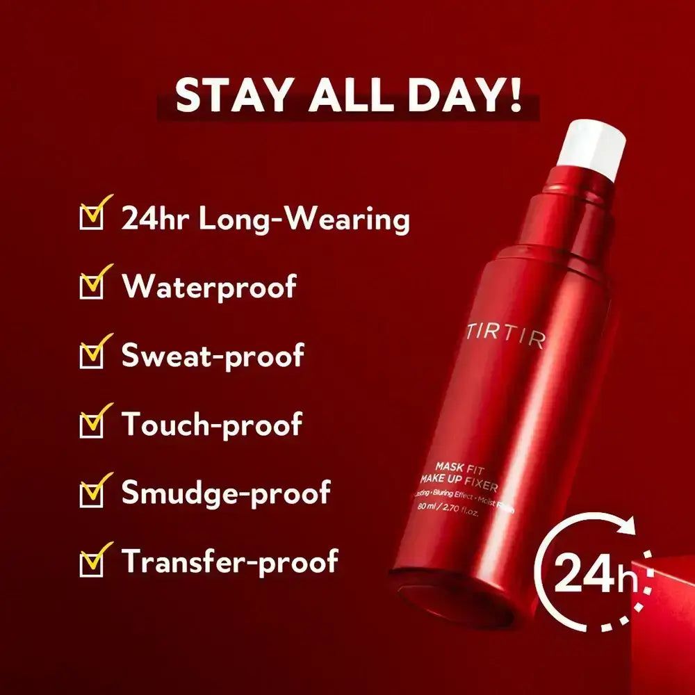 Rote Sprühflasche mit Text. Aufschrift TIRTIR, Mask Fit Make Up Fixer. Text über Eigenschaften.