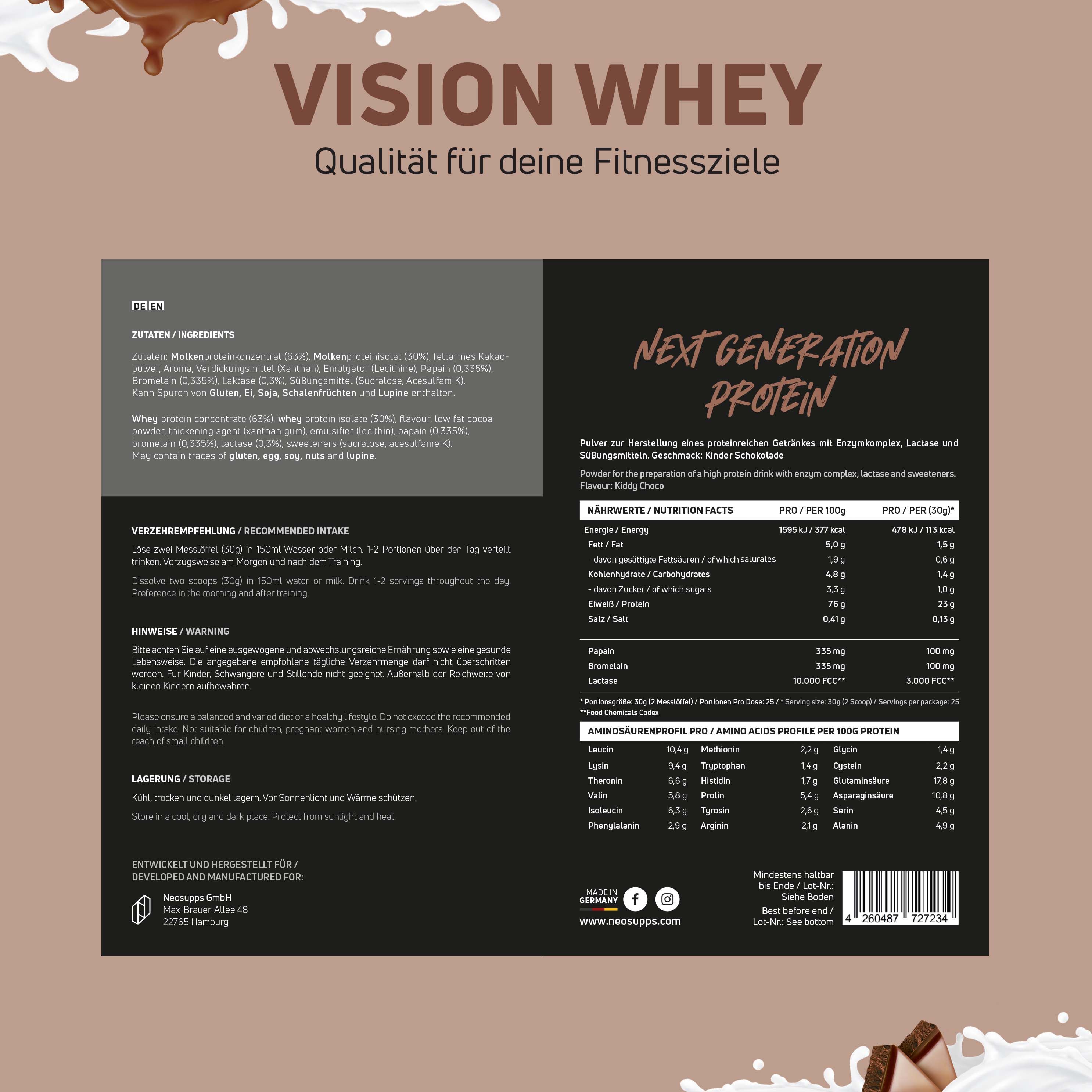 Rückseite der Verpackung von Vision Whey. Text: Nährwertangaben, Zutaten, empfohlene Einnahme, Lagerung. Brauner Hintergrund.