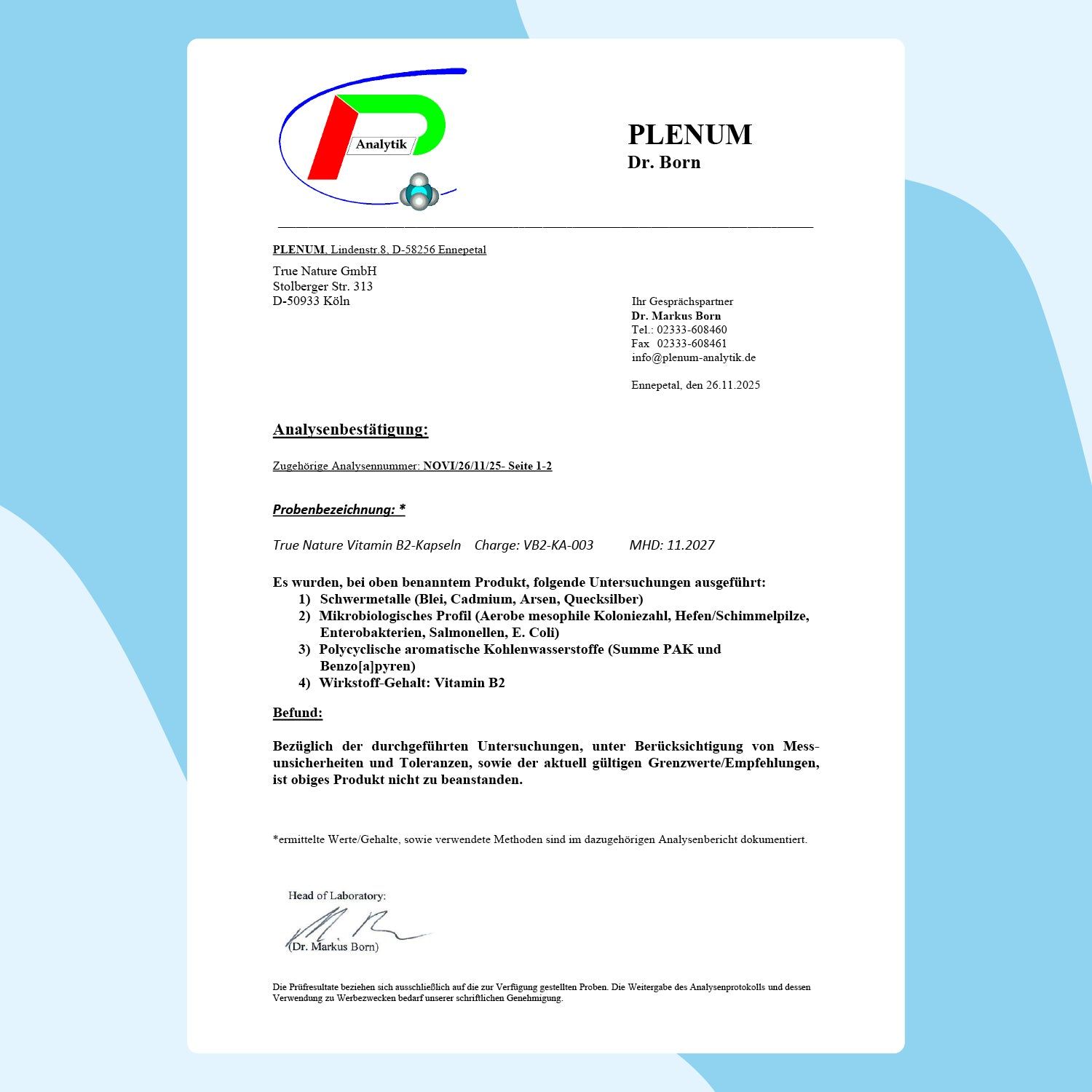Laboranalyse-Zertifikat von PLENUM Dr. Born. Analyseergebnisse für True Nature Vitamin B2 Kapseln. Enthält Informationen zu Inhaltsstoffen.