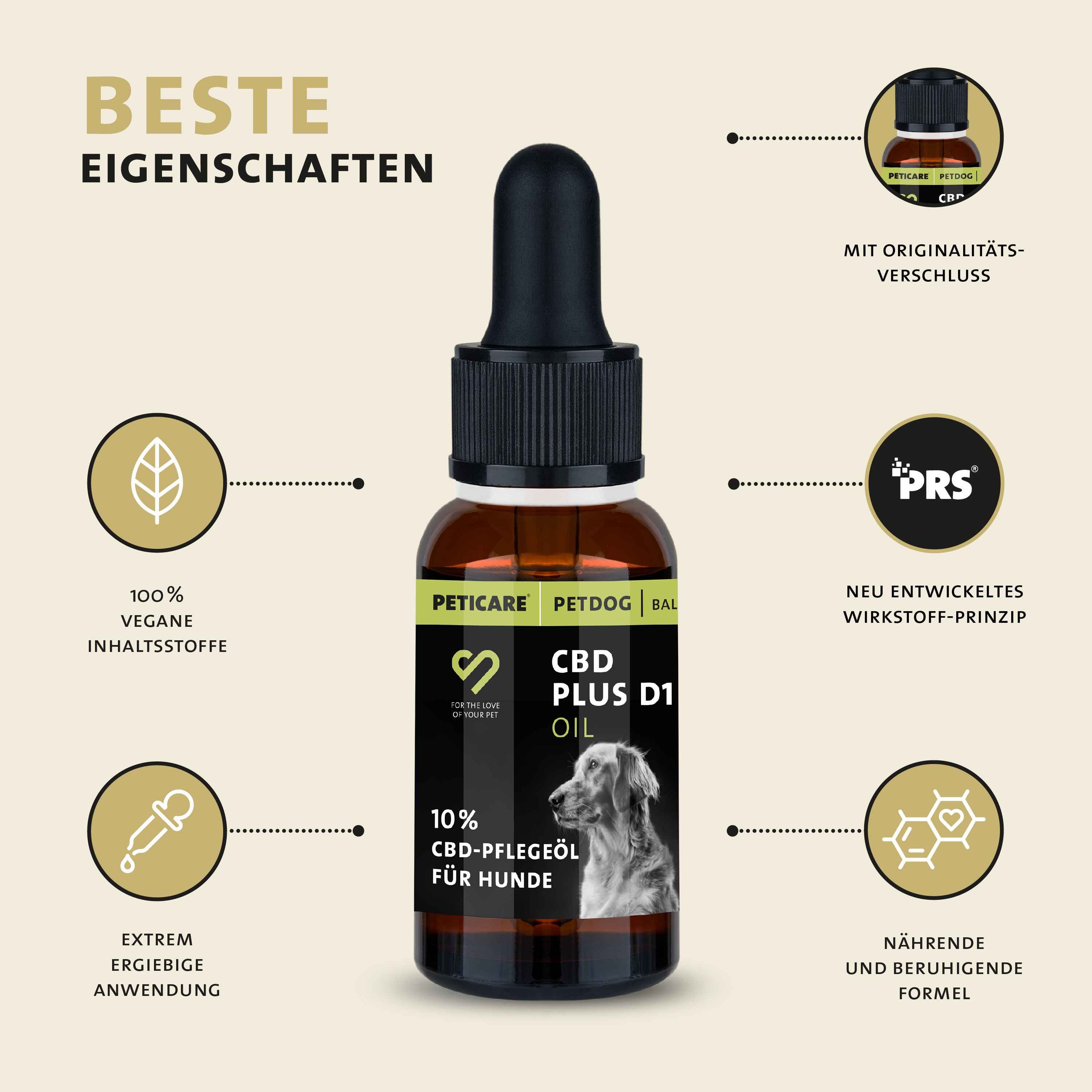 CBD-Öl-Flasche mit Tropfer. Text: Peticare, CBD Plus D1 Oil, 10% CBD-Pflegeöl für Hunde. Logos: 100% vegan, PRS, extrem ergiebige Anwendung.