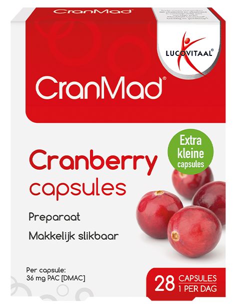 Verpackung Lucovitaal CranMad Cranberry-Kapseln: Rote Schachtel mit Cranberries und Kapsel-Symbol.