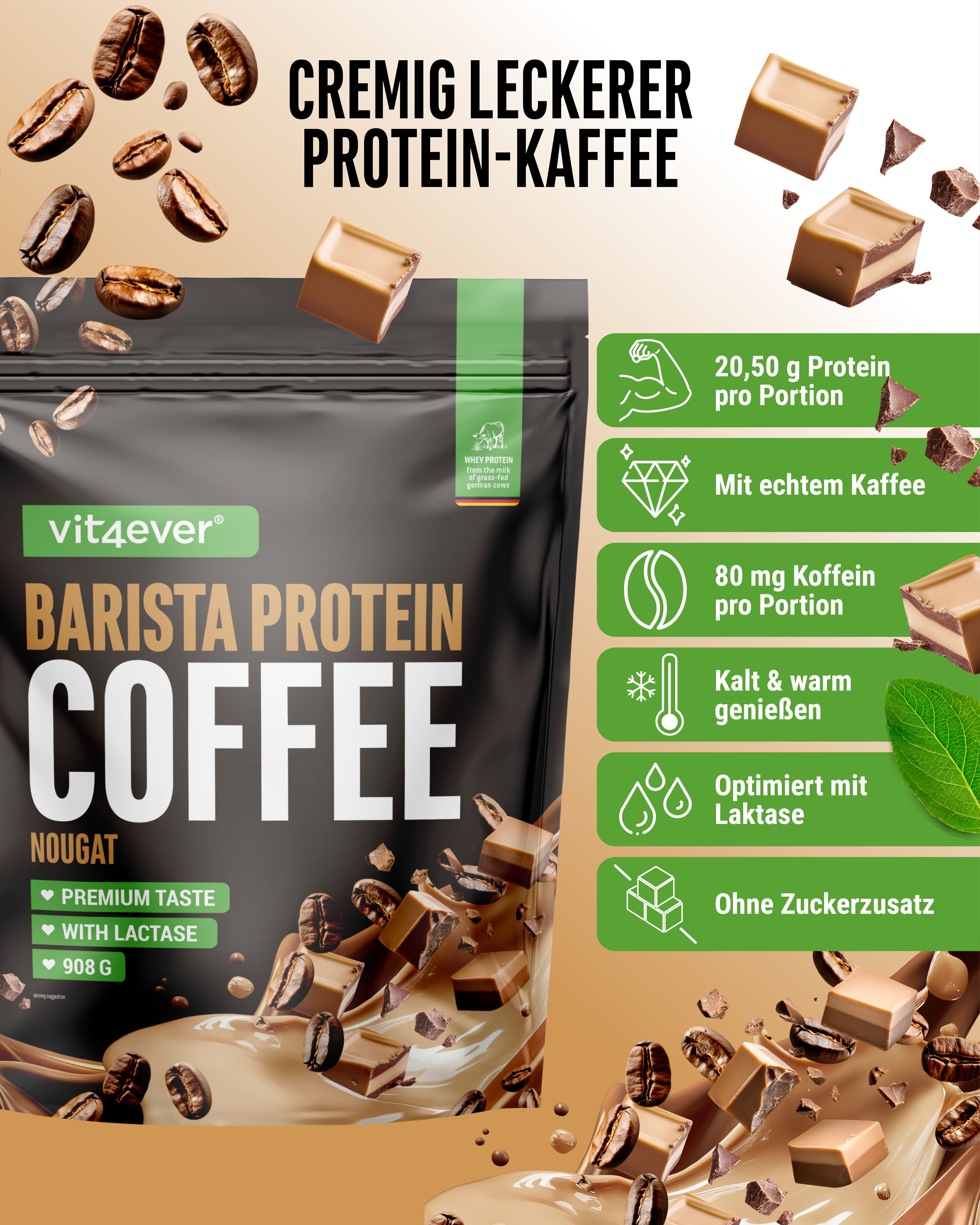 Verpackung "vit4ever Barista Protein Coffee Nougat". Enthält 20,50g Protein pro Portion. Mit Kaffee, laktoseoptimiert. 908g.