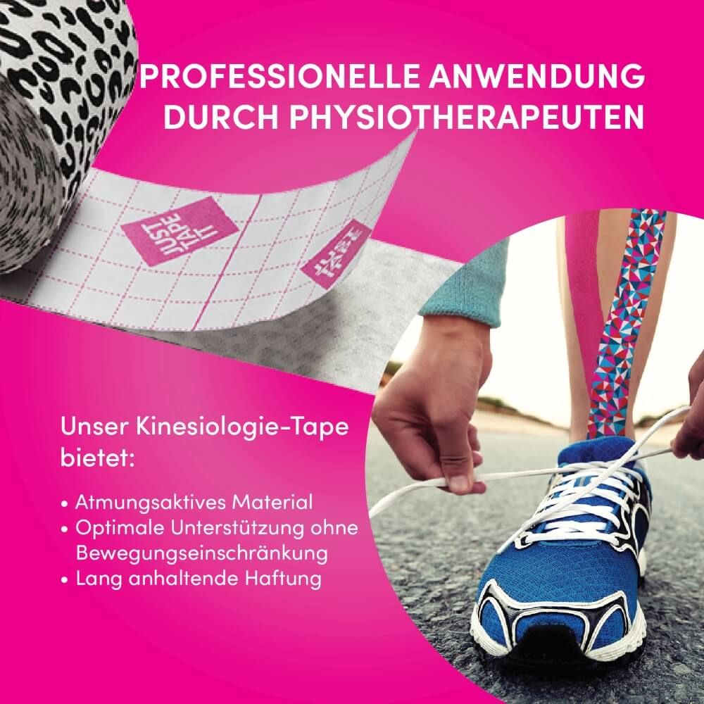 Kinesiotape-Anwendung am Hals mit blauem und buntem Muster.