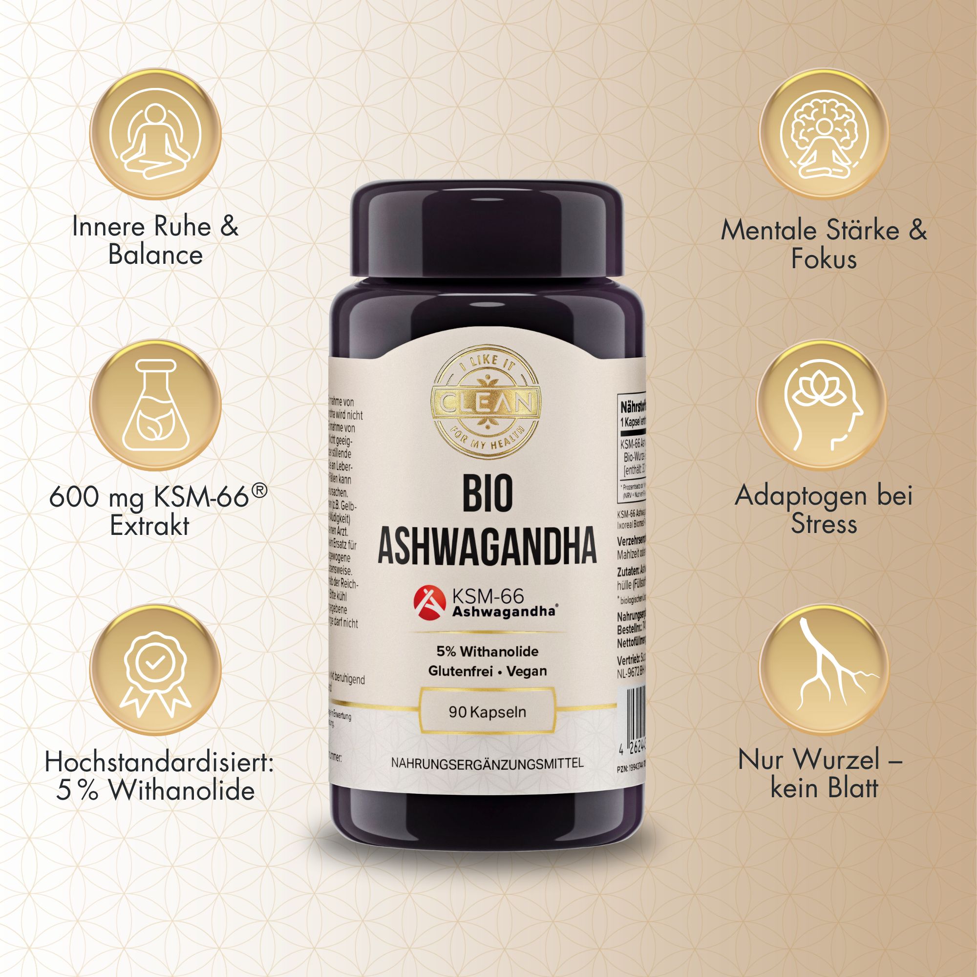 Braune Kapsel-Flasche mit Aufschrift BIO Ashwagandha. 90 Kapseln, 600mg KSM-66 Extrakt. Vegan, glutenfrei.