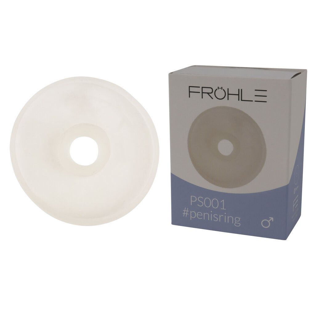 Ringförmiges Produkt neben Produktverpackung. Verpackung: FRÖHLE, PS001, #penisring. Männliches Symbol.
