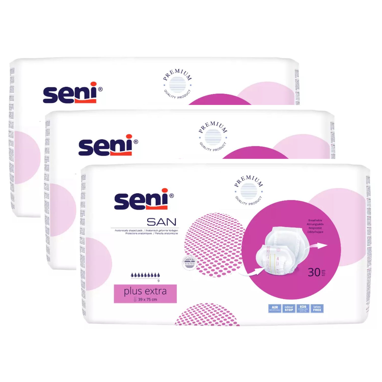 Drei Packungen Seni San Plus Extra. Verpackung mit Produktabbildung und Text. Marke Seni deutlich sichtbar.