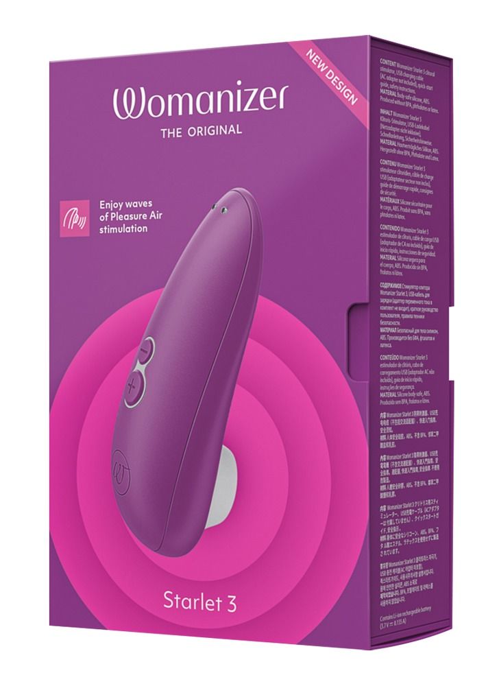 Lila Vibrator mit weißem Aufsatz in Verpackung. Aufschrift: Womanizer, Starlet 3. Pinke Verpackung mit Text.