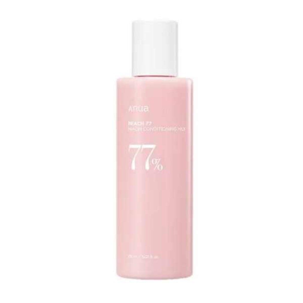 Rosa Flasche mit weißem Deckel, Aufschrift 'ANUA Peach 77 Niacin Conditioning Milk'.