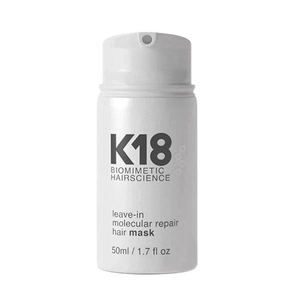 Weiße Flasche mit K18-Logo und Text. Enthält "leave-in molecular repair hair mask". Volumen: 50ml / 1.7 fl oz. Mit Verschluss.