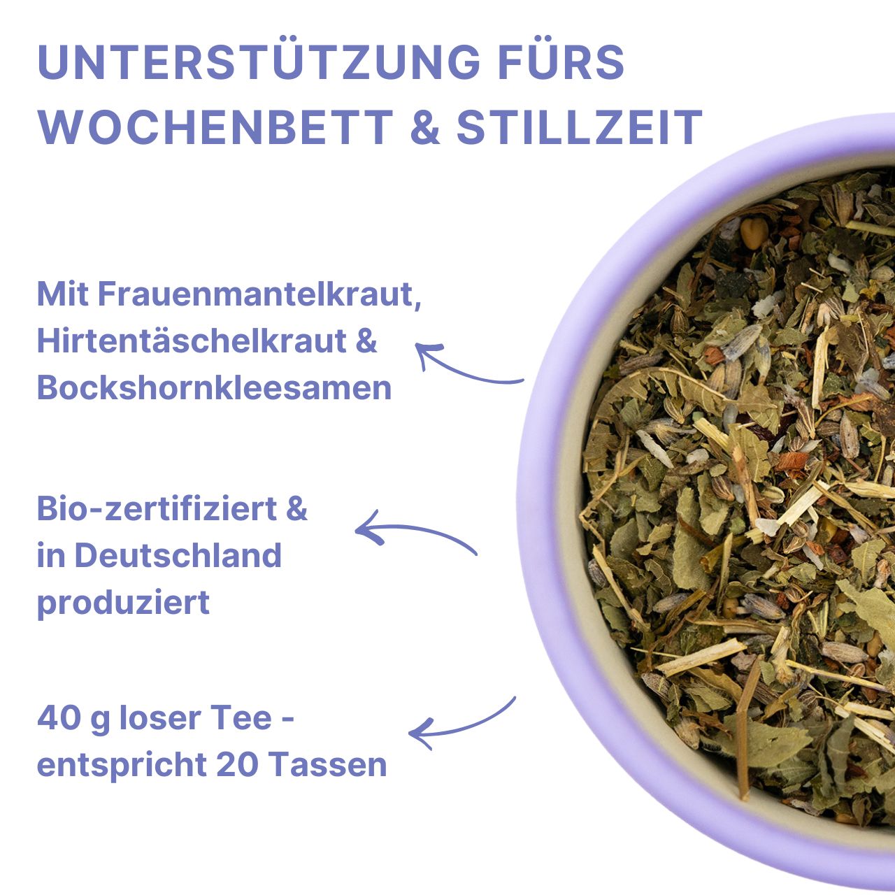 Kräutermischung in lila Schale. Zutaten: Frauenmantelkraut, Hirtentäschelkraut, Bockshornkleesamen. Bio-zertifiziert. 40g, 20 Tassen.