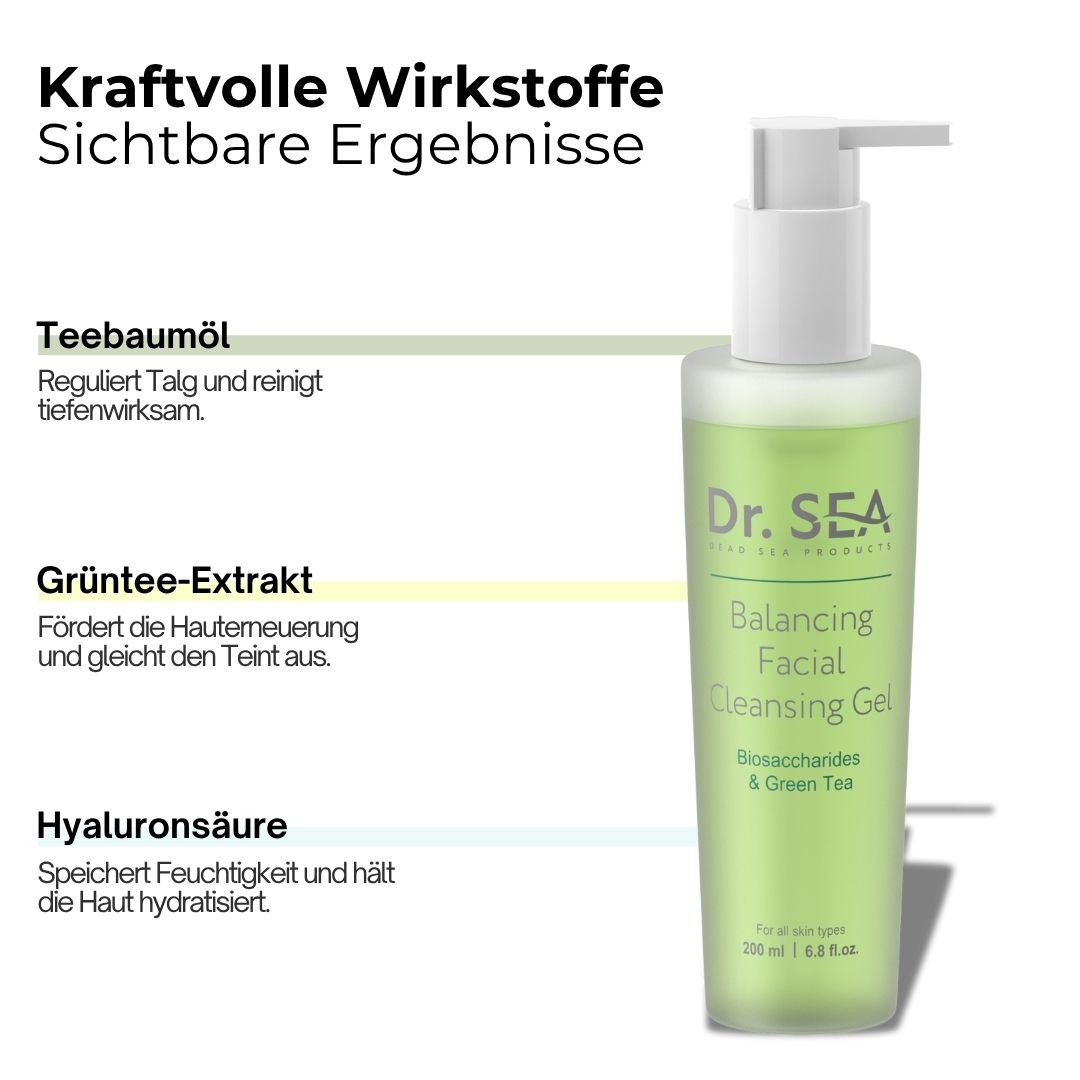 Produktflasche mit Text. Text: Kraftvolle Wirkstoffe. Dr. SEA Balancing Facial Cleansing Gel. Inhaltsstoffe.
