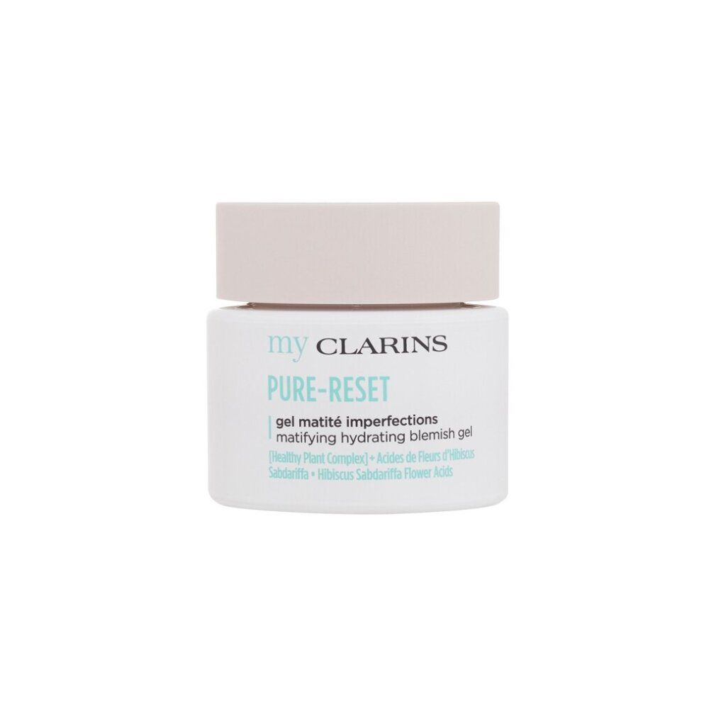 Weißer Tiegel mit beigem Deckel. Aufschrift: my CLARINS PURE-RESET, gel matité imperfections, matifying hydrating blemish gel.