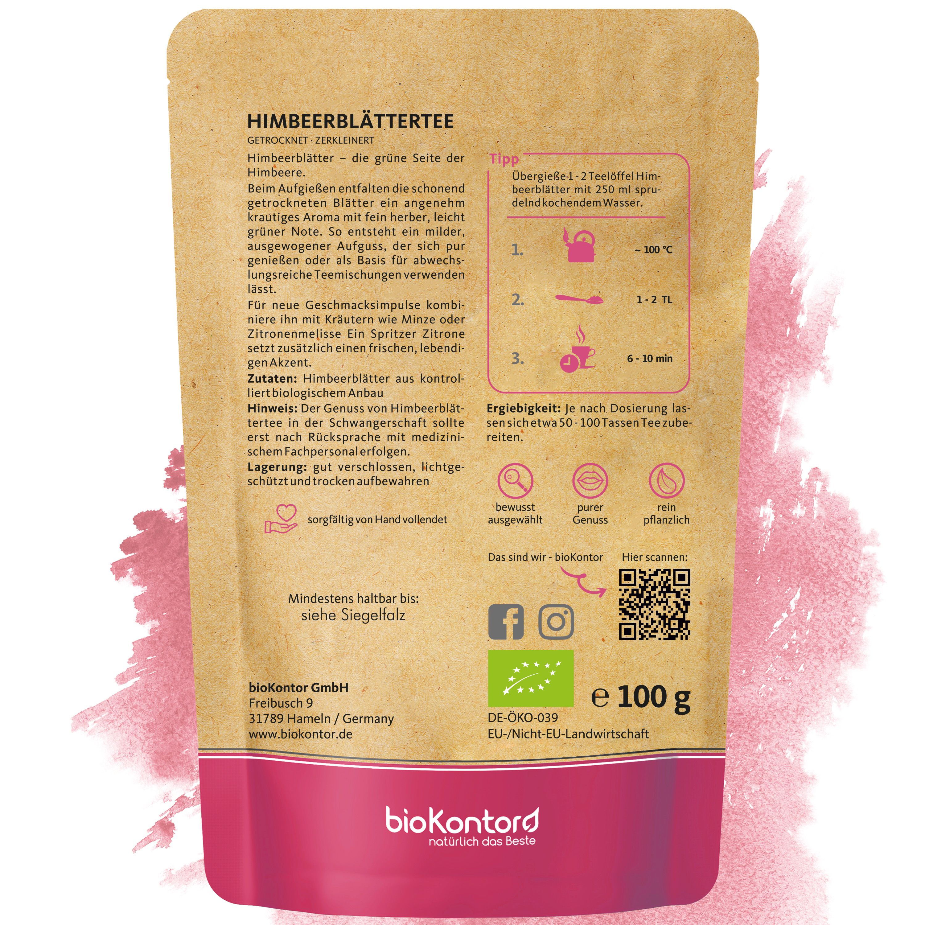 Bio-Himbeerblättertee im Beutel, lose, zerkleinerte Blätter. Enthält 100g.