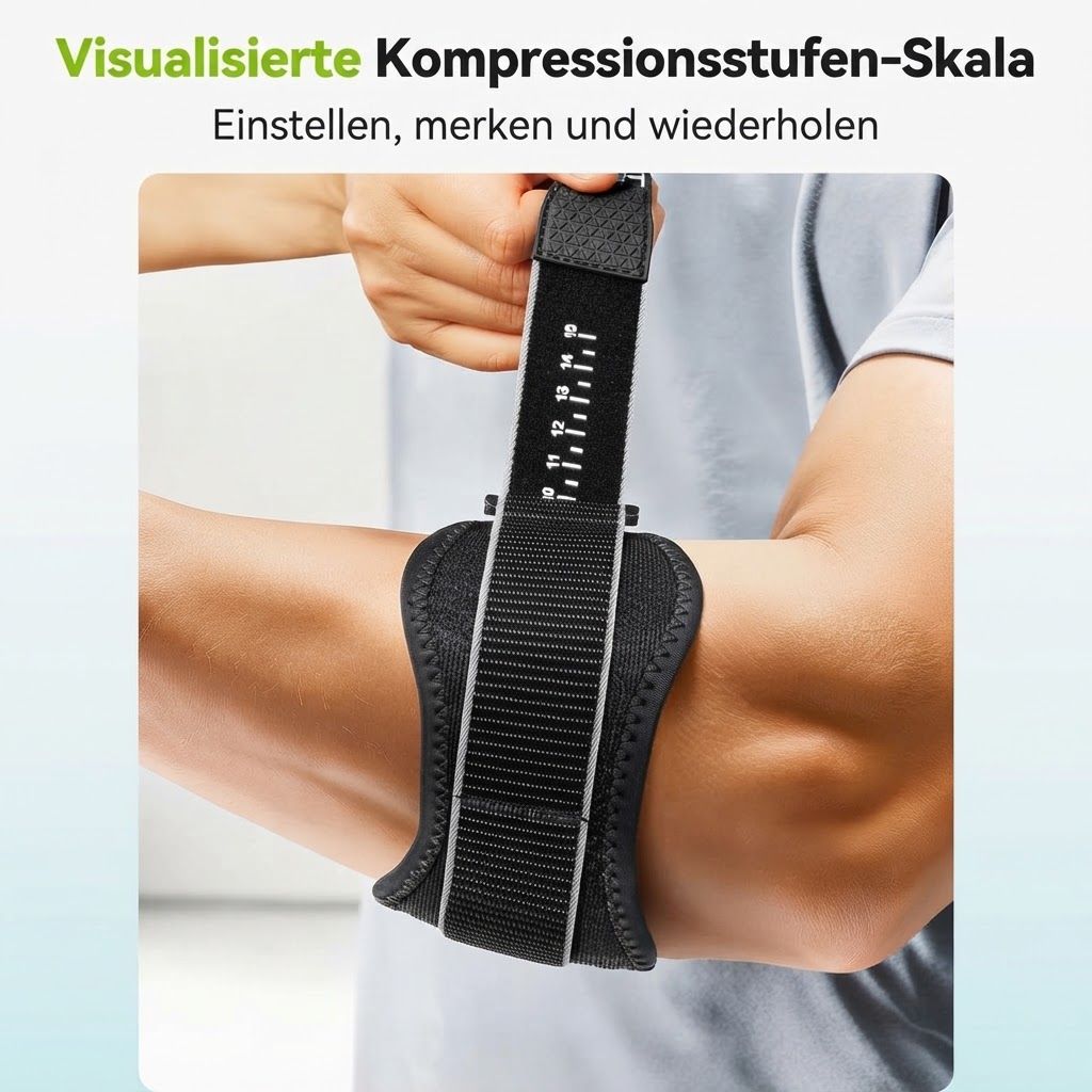 Schwarzer Armstützgurt mit Kompressionsskala, der angelegt wird.