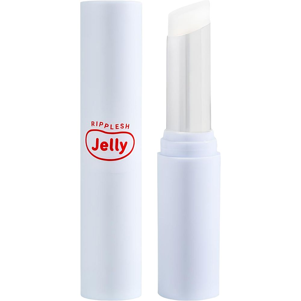Weißer Lippenbalsam in Hülse. Auf der Hülse steht "Ripplesh Jelly". Der Lippenbalsam ist ausgefahren.