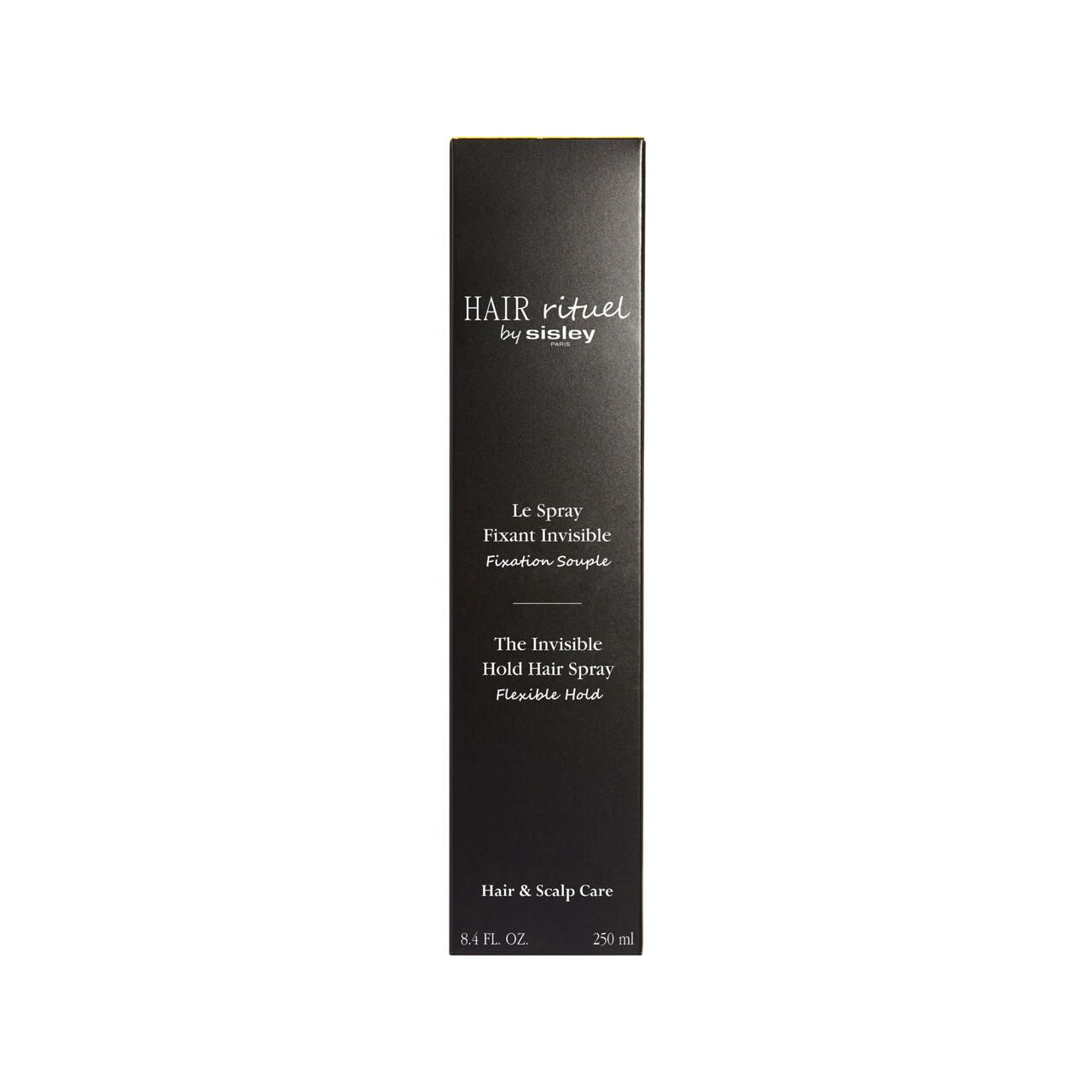 Dunkle Verpackung für Haarspray mit Aufschrift "Hair rituel by Sisley". Enthält "Le Spray Fixant Invisible".